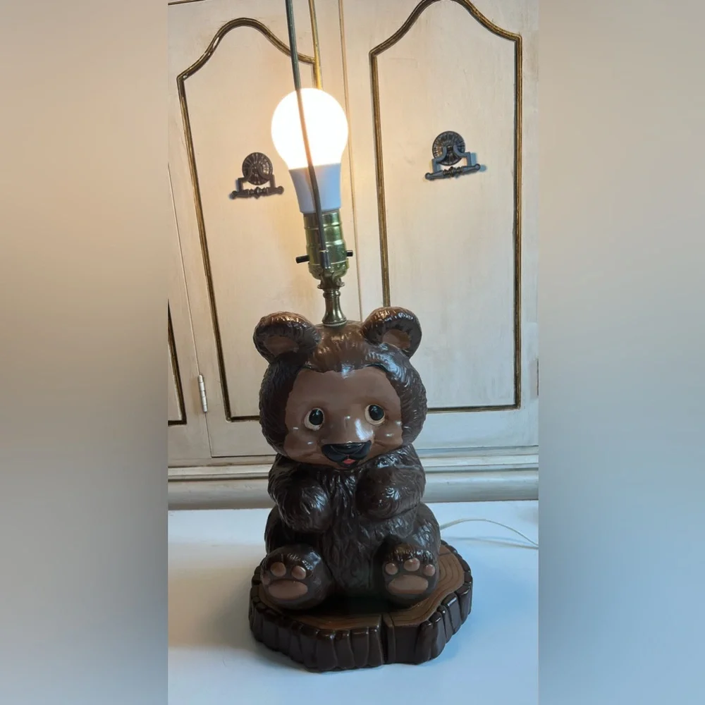 Vintage Bear on tree stump Lamp Teddy Bear Nursery Decor Cabin Rustic Whimsy